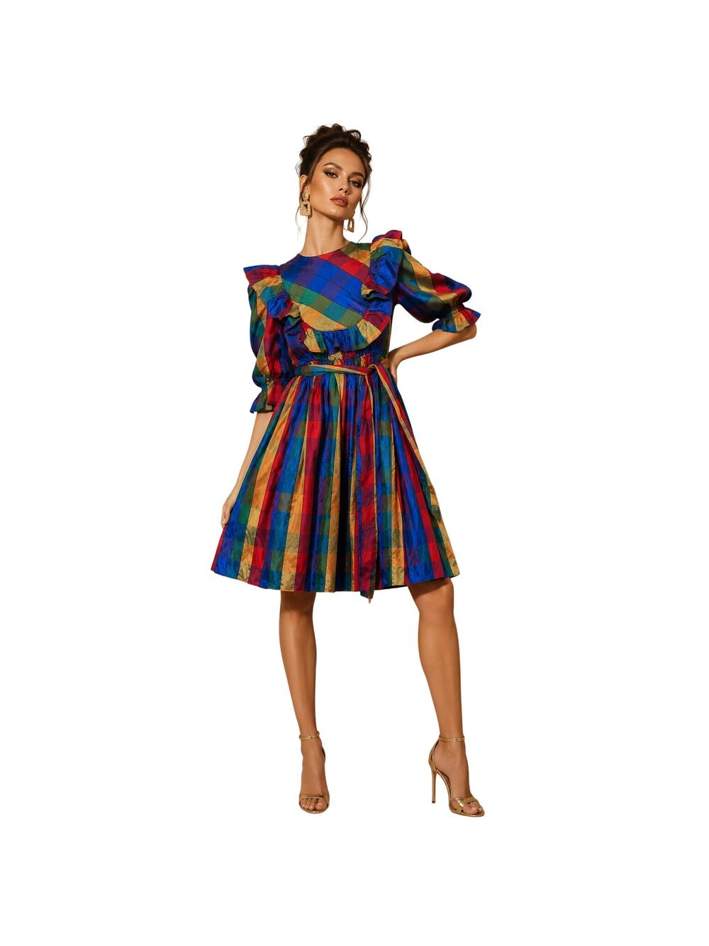 VTG Yves Saint Laurent Paris NY Plaid Ruffle Puff Sleeve Dress SIze 30 US 0